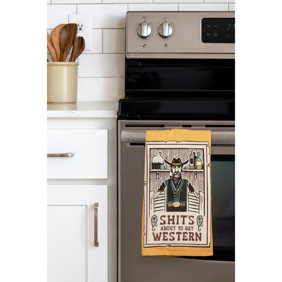 Sh*t’s About To Get Western Funny Cowboy Kitchen Towel Rustic Boho Farmhouse 🤠 - Picture 1 of 3